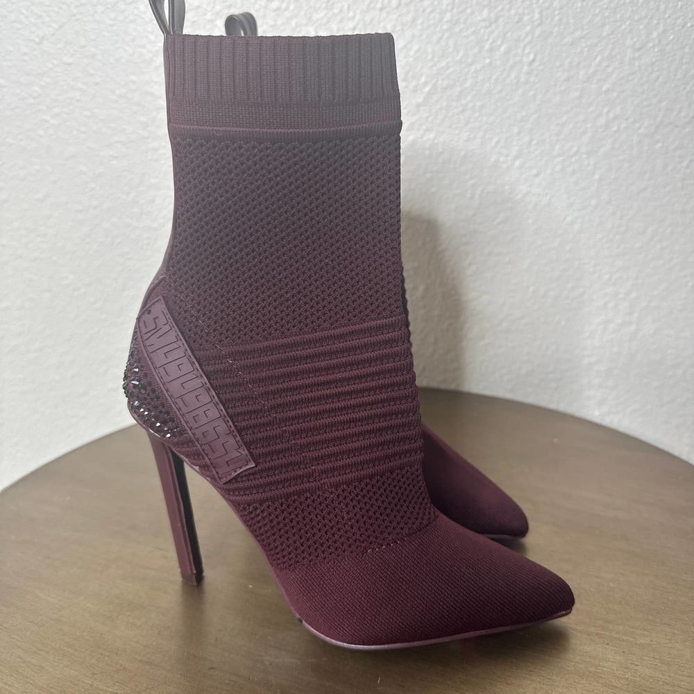 Knit Pointed-Toe High Heel Ankle Boots in Plum - Picture 3 of 7